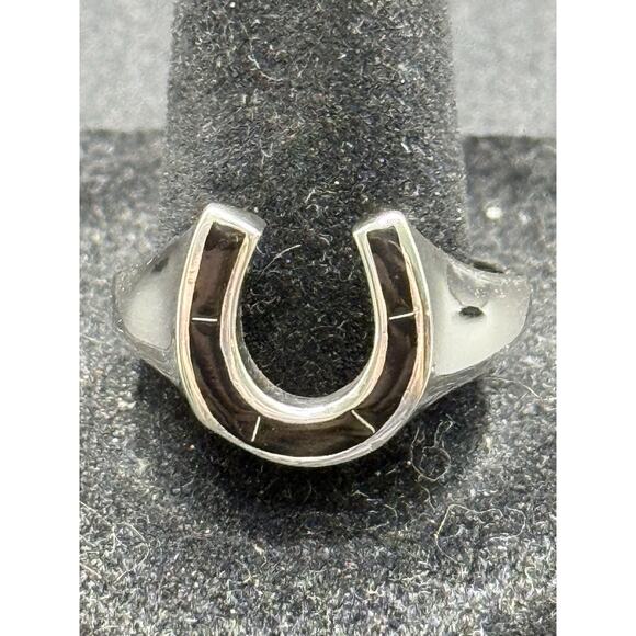New Condition Sterling Silver Horseshoe Onyx Ring Size 12.00 - Picture 1 of 9